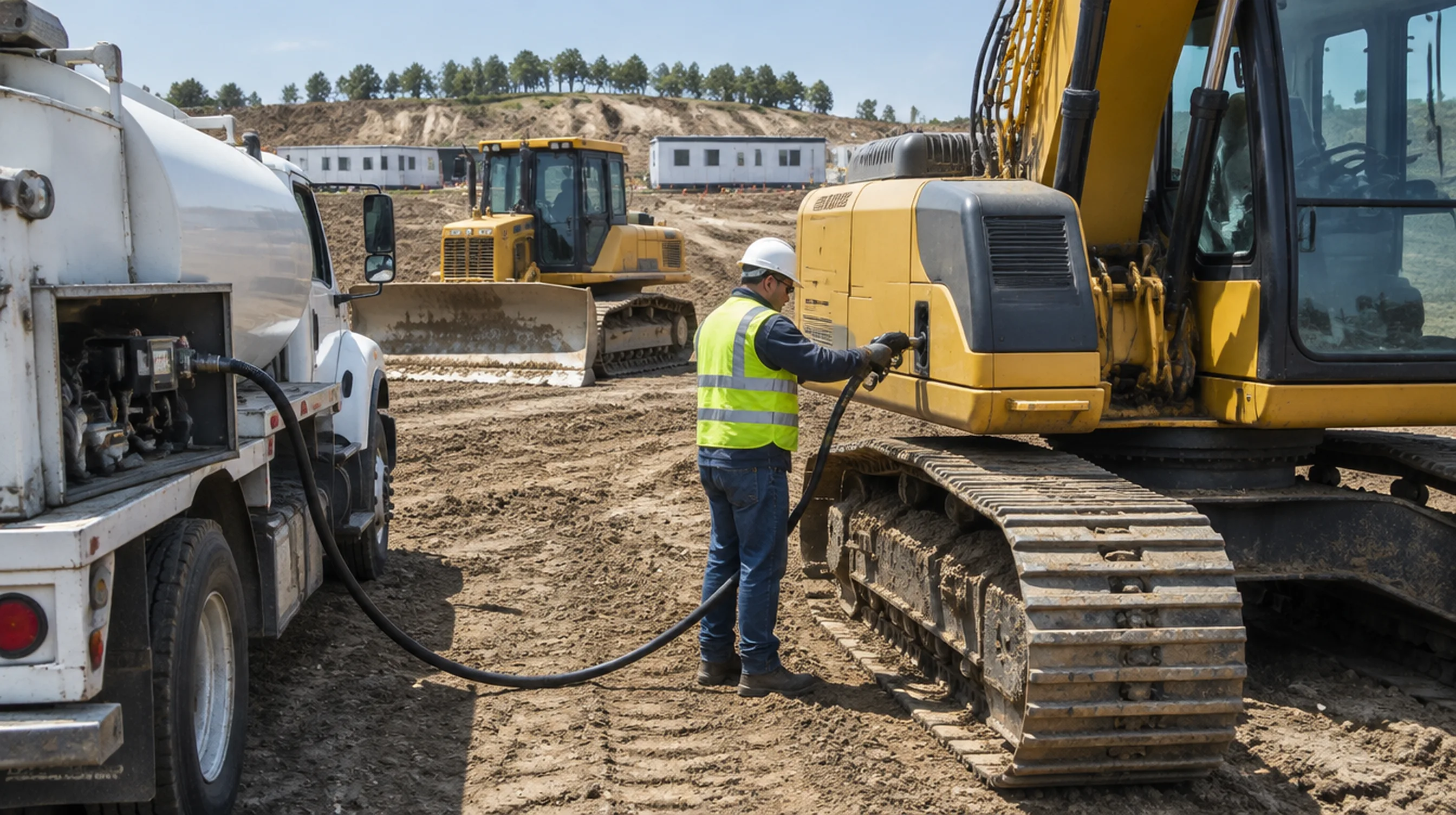 Fuel service truck refueling an excavator and bulldozer on a construction site