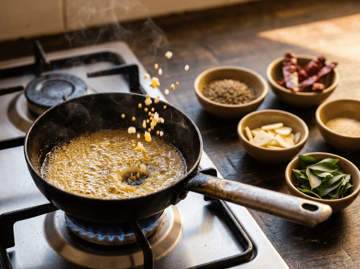 Mustard seeds popping in ghee in a tadka pan for dal