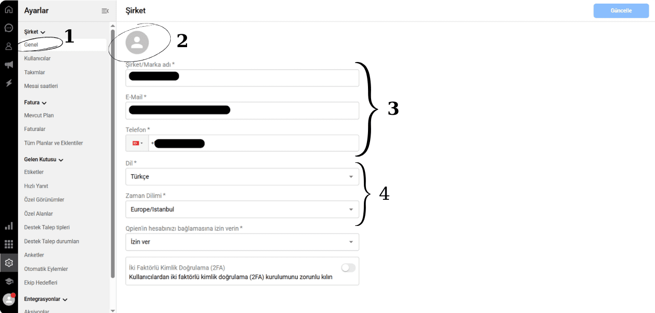 Qpien genel ayarlarında şirket markası, logosu ve iletişim bilgilerini güncelleme.