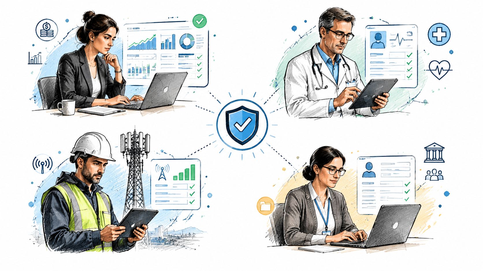 A digital illustration showing professionals across finance, healthcare, telecommunications, and government using secure technology for quality management.