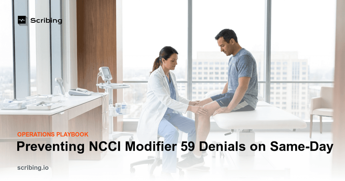 Orthopedic clinic exam room illustrating documentation workflow for same-day joint injection and E/M visit billing compliance