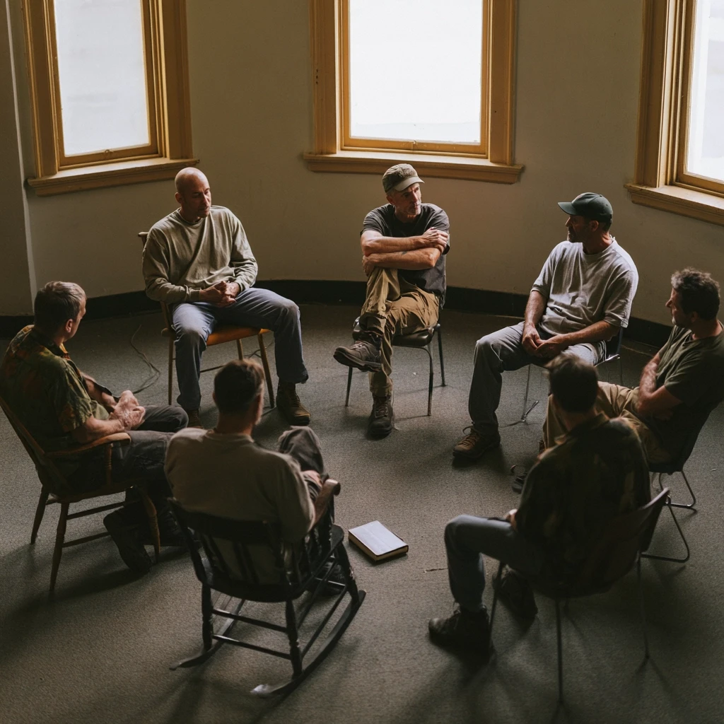 Small group of men sitting in a circle of chairs in a plain room, one speaking