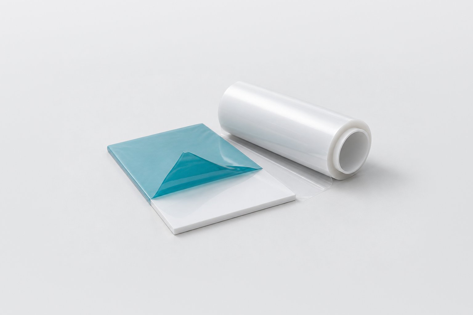 Teal protective film peeled back from a white plastic panel, next to a roll of white release film on a plastic core