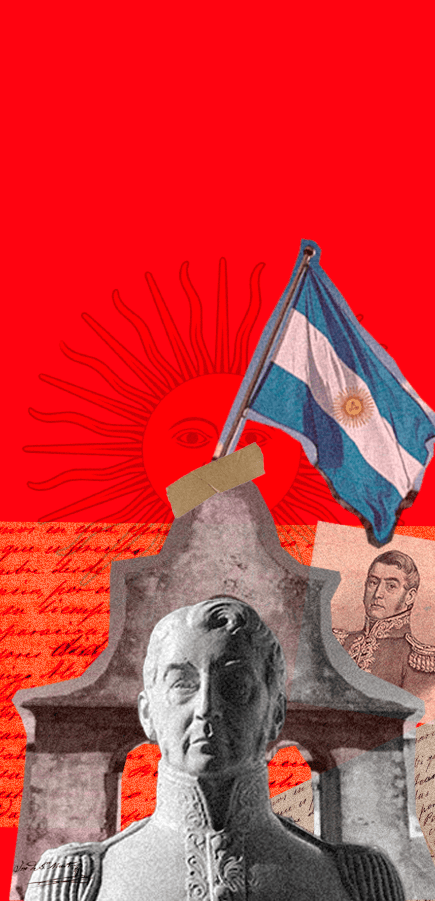 Collage con estatua de San Martín, bandera argentina y elementos patrióticos e históricos.