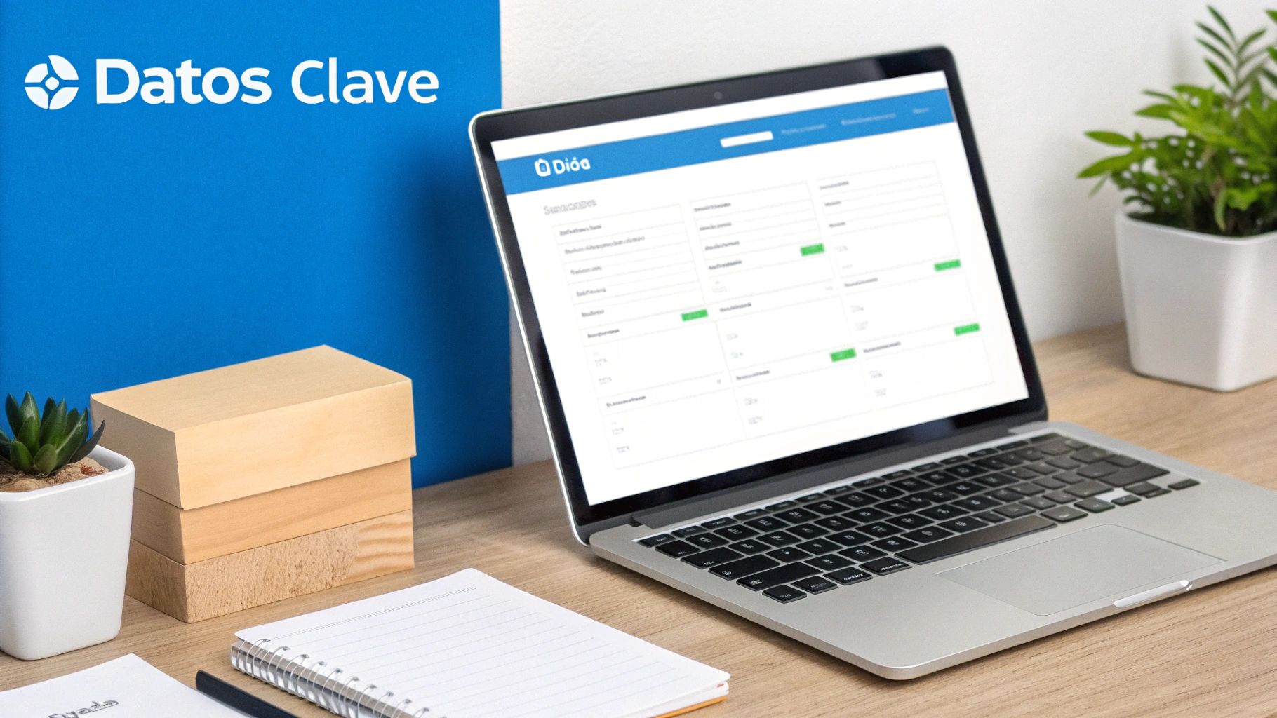 Laptop mostrando una interfaz de gestión de datos 'Dida' en un escritorio de madera junto a plantas y un cuaderno.