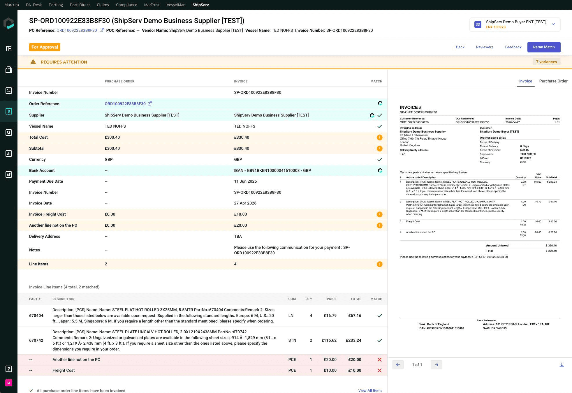 ShipServ invoice workflow showing purchase order and invoice details with matching exceptions
