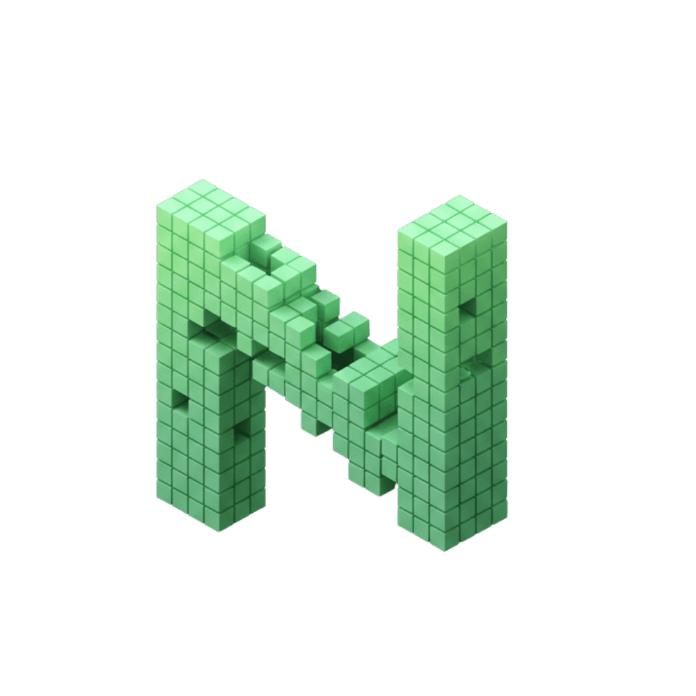 3D voxel-style green letter N made from stacked cubes on black background