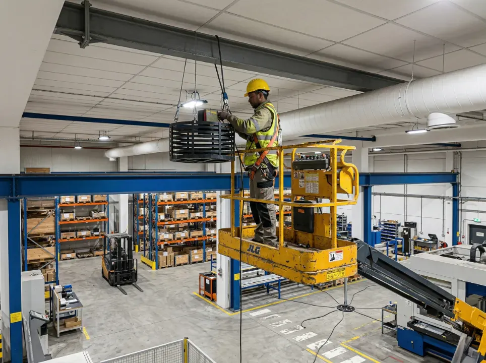 Ouvrier en gilet jaune sur une nacelle élévatrice installant un déstratificateur d'air au plafond d'un entrepôt logistique avec rayonnages.