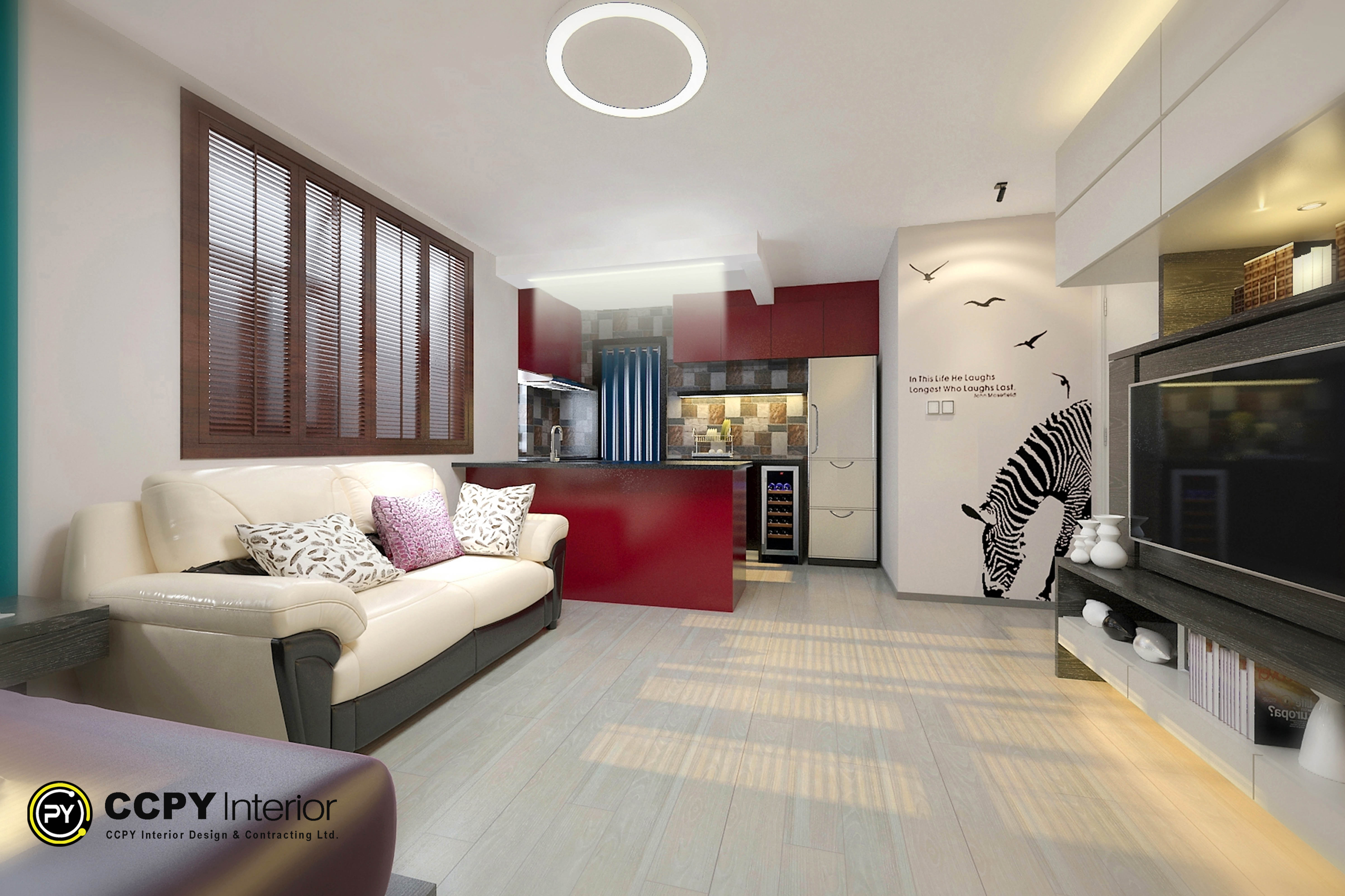 Living AreaSofa: A light cream-colored leather sofa anchors the seating space.Flooring: Light-colored wood or vinyl planks installed diagonally to visually expand the room.Window Dressing: Dark wooden plantation shutters provide privacy and light control.Kitchen and DiningCabinetry: Two-tone custom cabinetry featuring deep red lower cabinets and sleek white upper units.Appliances: Built-in compact refrigerator and a dedicated under-counter wine cooler.Backsplash: Multi-colored mosaic tile backsplash adding texture and visual interest.Decorative AccentsFeature Wall: A vertical wooden slat partition near the entryway to separate spaces without blocking light.Wall Art: A prominent black-and-white zebra graphic graphic on the main hallway wall.Media Unit: A sleek, low-profile white television console with integrated open shelving underneath.