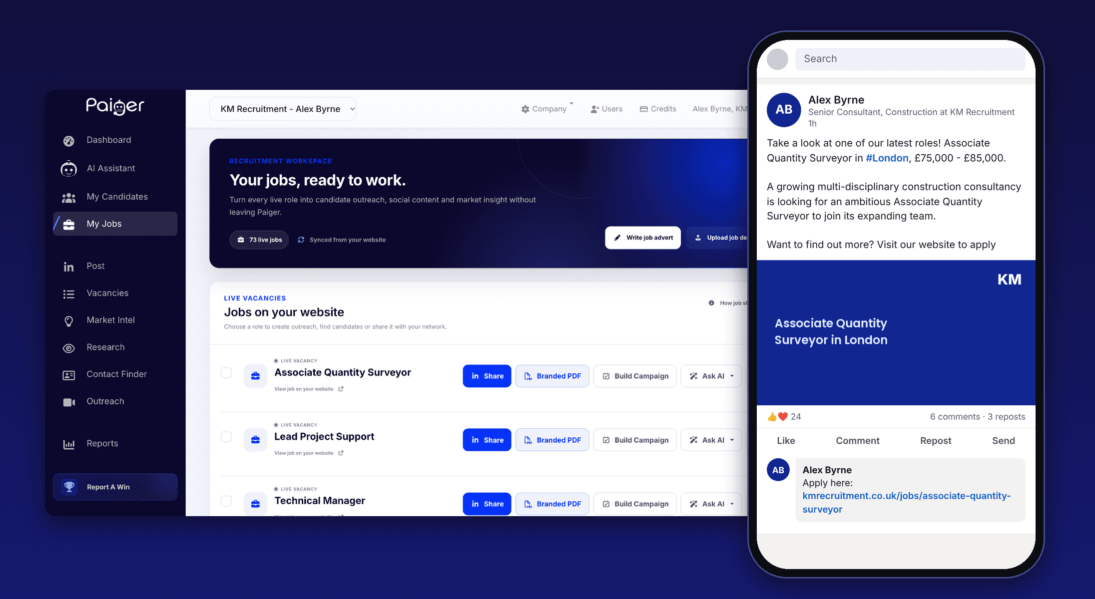 A live job from the agency website, posted on-brand to the consultant's LinkedIn