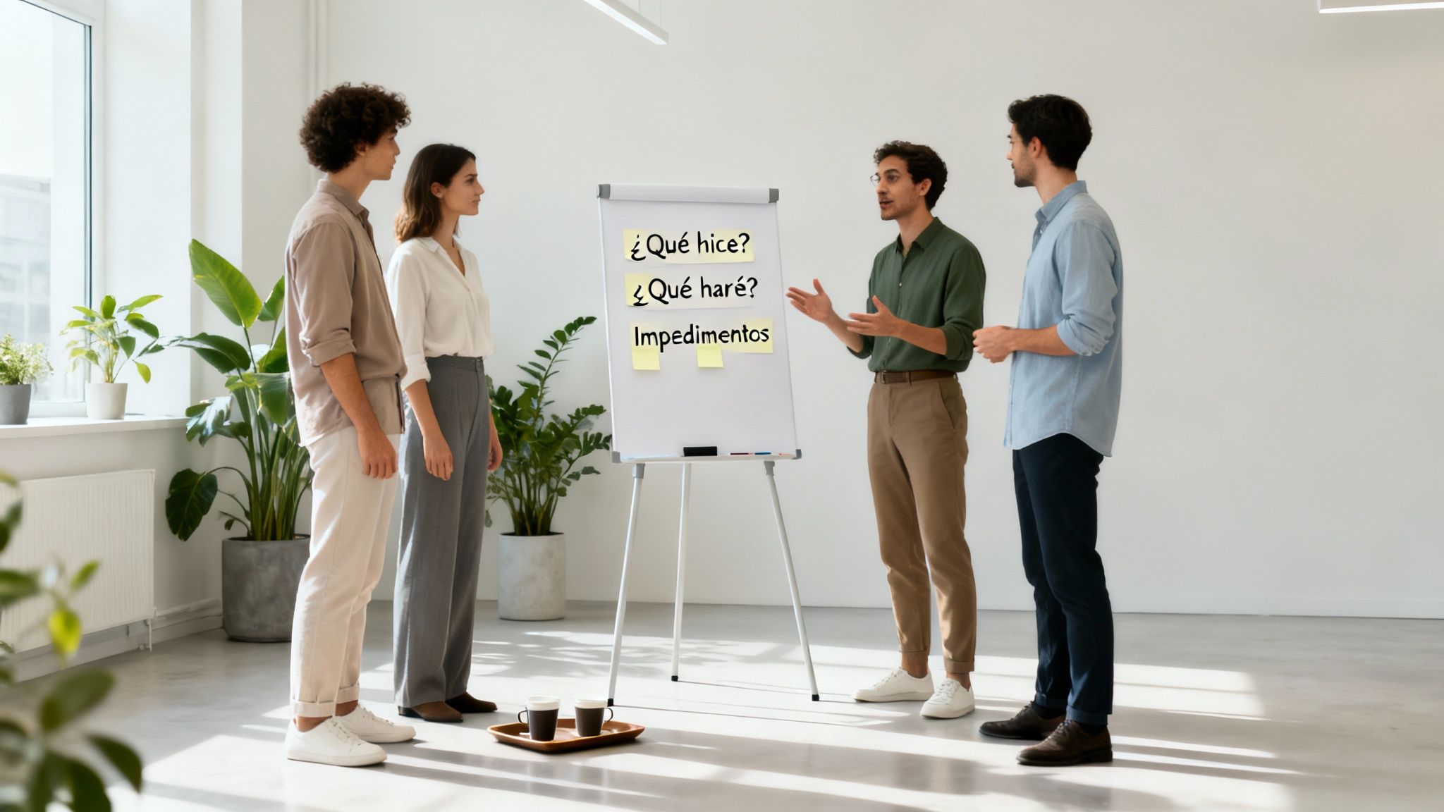 Cuatro compañeros de trabajo discuten ideas y planifican en una oficina moderna con una pizarra.