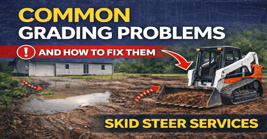 Image of a tracked skid steer working on a wet driveway