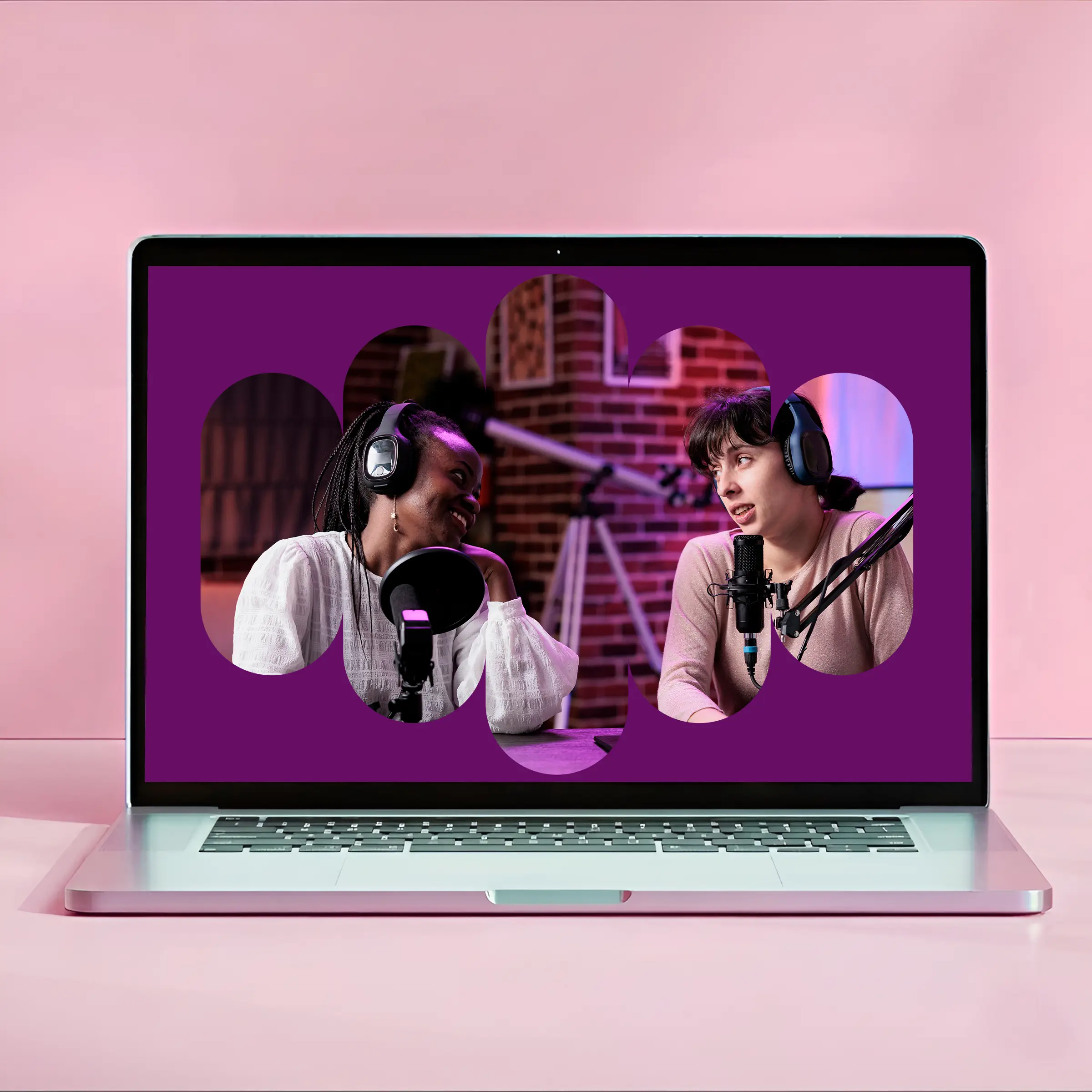 Laptop showing a podcast recording interface with two people visible on screen