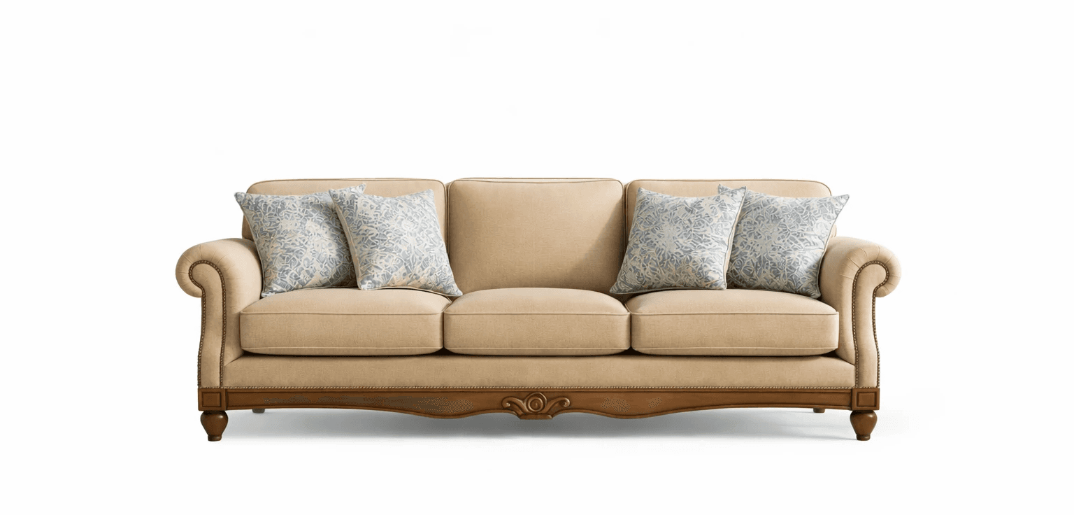 A traditional three‑seater highlighted by rolled arms and decorative cushion detailing.