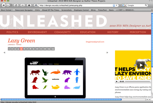 webpage of 2010 SVA MFAD Unleashed project Lazy Green