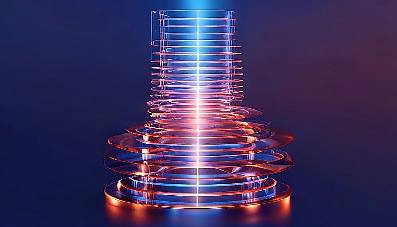Four ascending tiers split between sharp geometry and soft light, mapping human-AI design collaboration decision layers.
