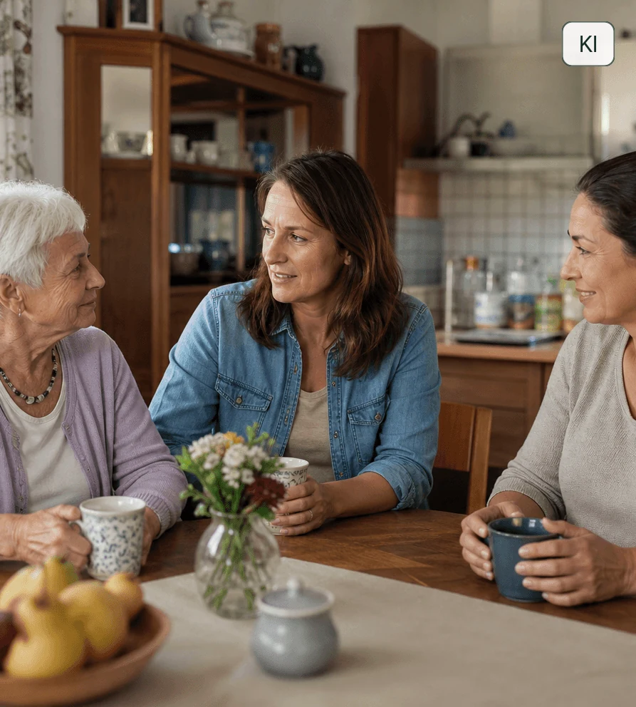 Eine Seniorin, eine Angehörige und eine Betreuungskraft sitzen gemeinsam am Küchentisch.