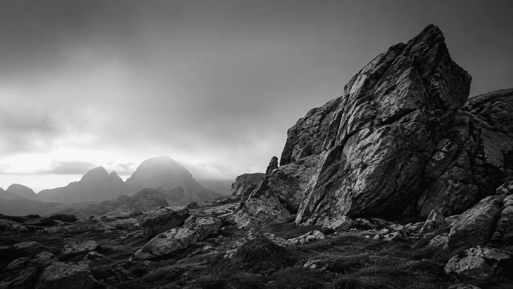 Black-and-white mountain landscape