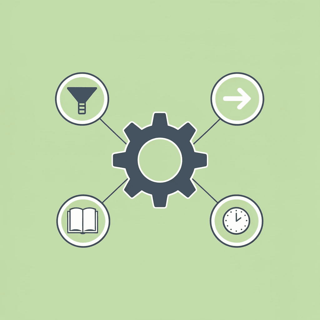 Central hub showing profile connected to prioritization, organization, tracking, and results