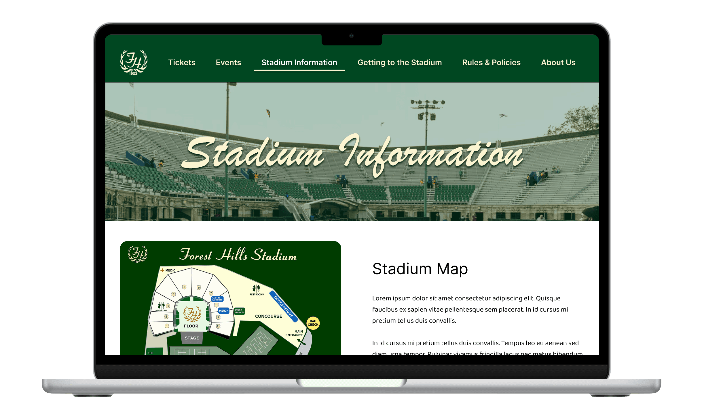 Redesigned Stadium Information page mockup with hero image of empty stadium seating and stadium map diagram on green background