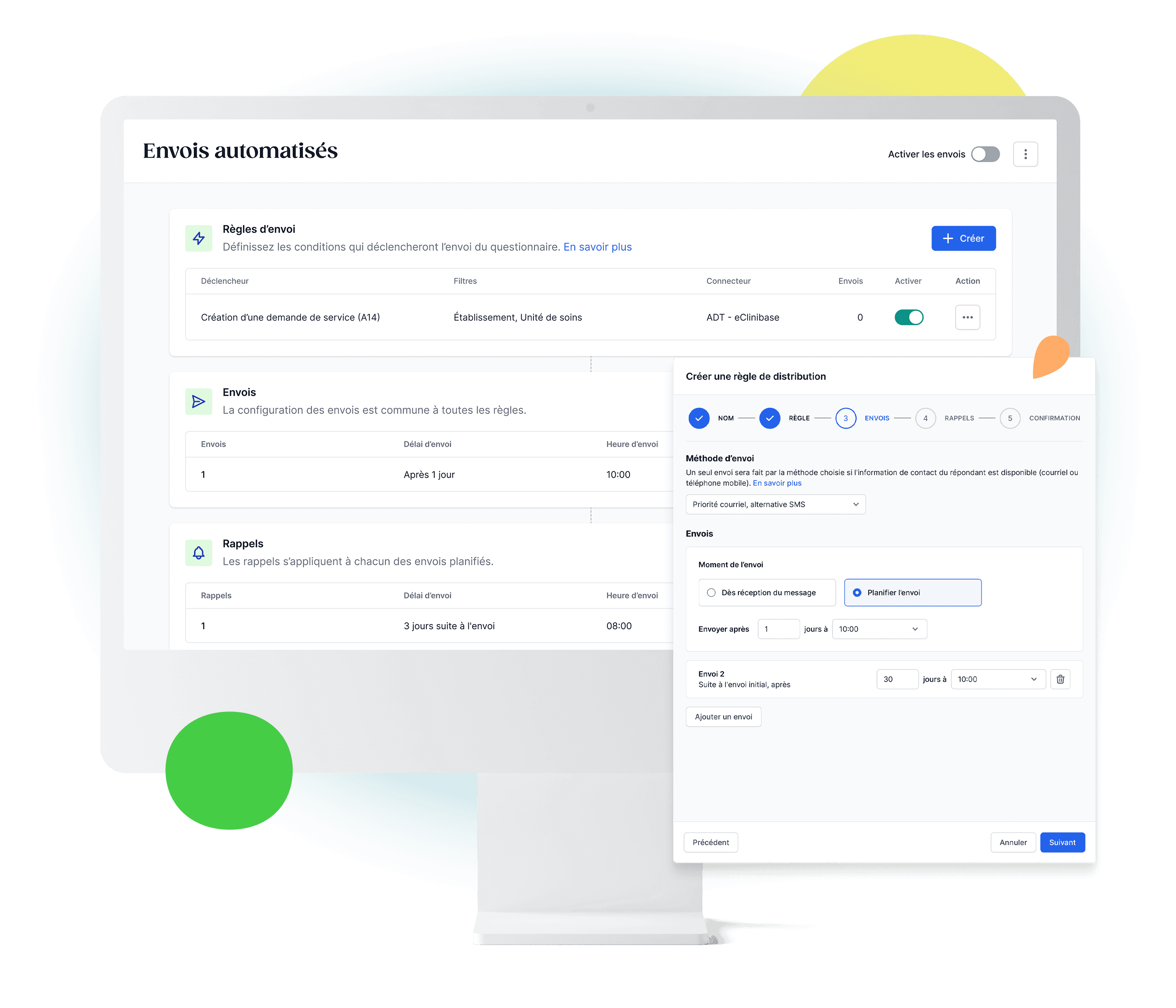 Interface de configuration des paramètres d'envoi automatisés avec options de menu en français pour la configuration des déclencheurs et des rappels.
