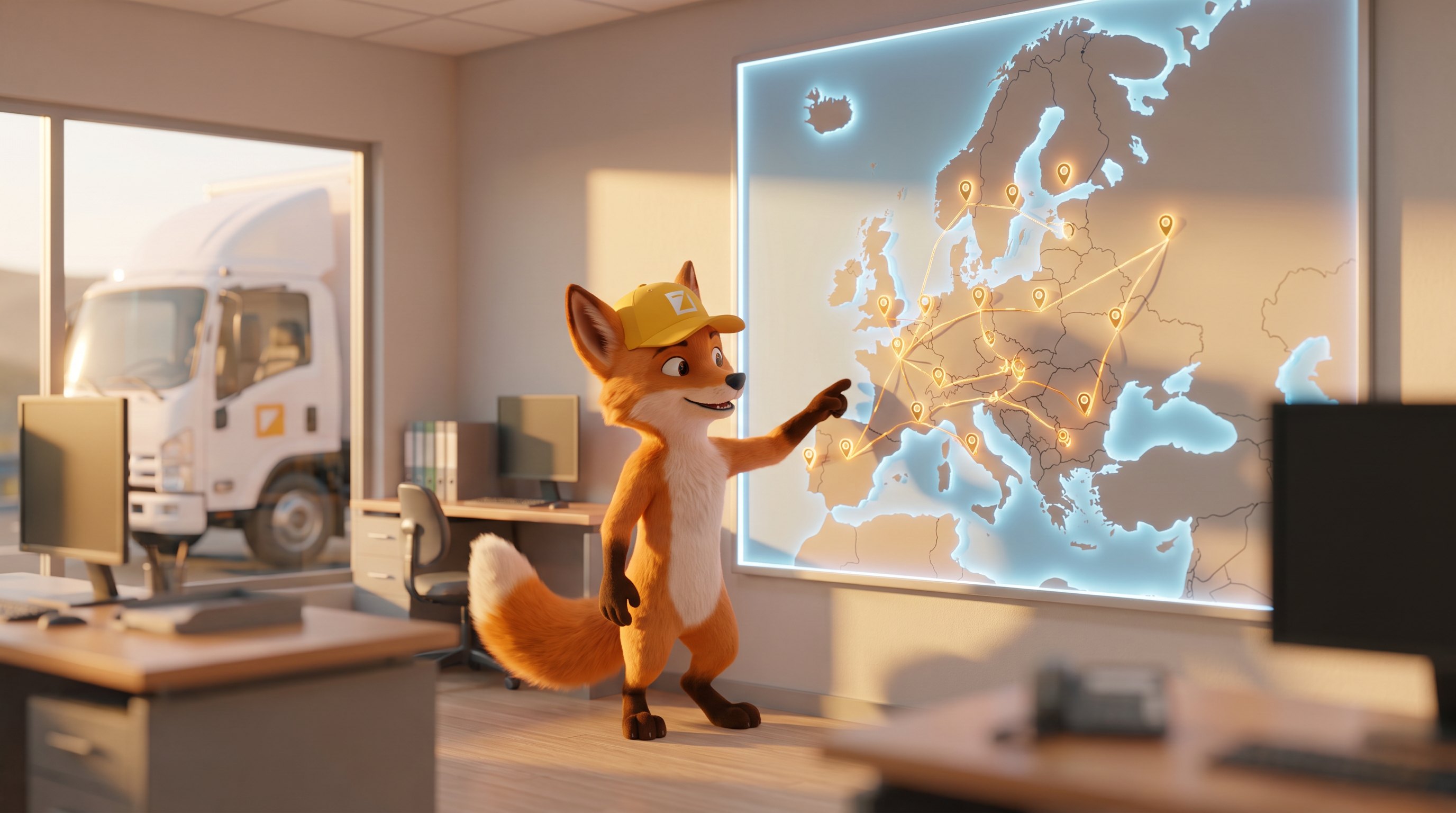 Planlogi fox mascot pointing at a glowing map of Europe on the office glass wall