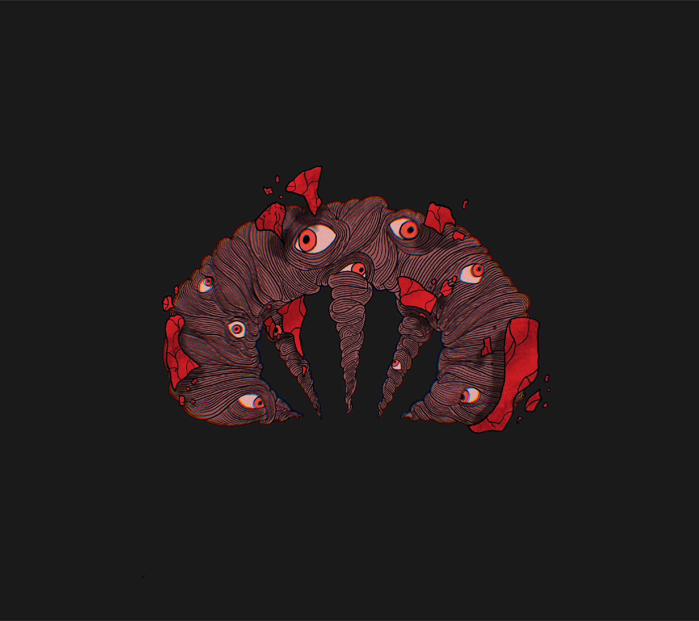 Clothing label mark as paranoid creature in red on black t-shirt.