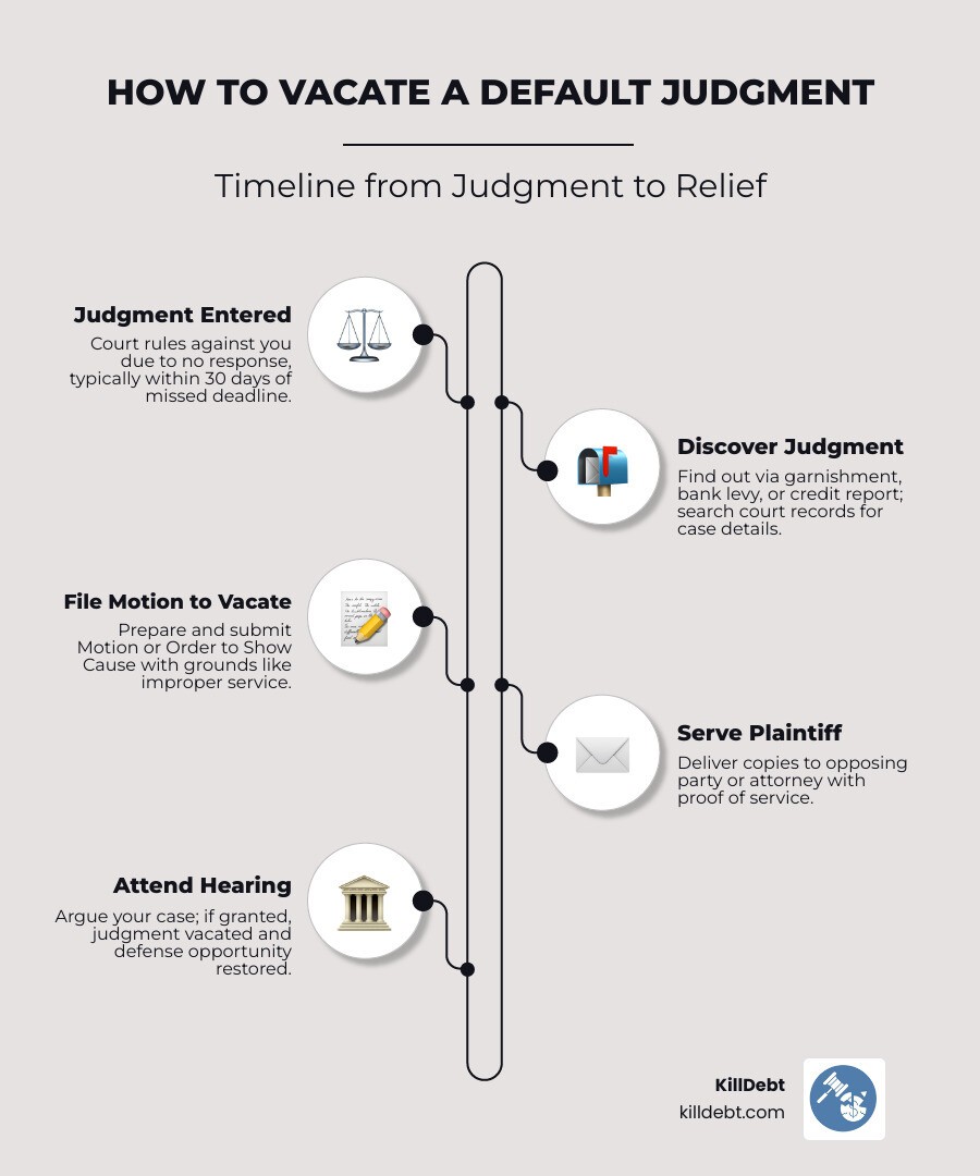 Timeline infographic from default judgment entry to filing motion to vacate to court hearing outcome infographic