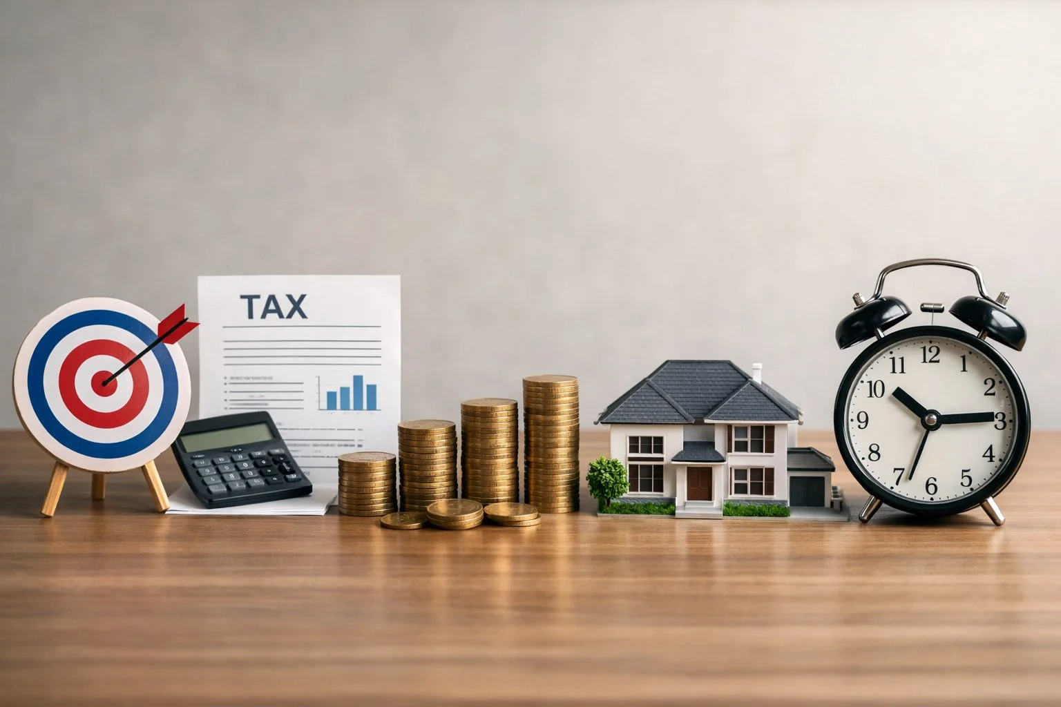 Step-by-step layout showing a goal icon, tax document, income coins, property model, and clock arranged to represent a logical financial progression.