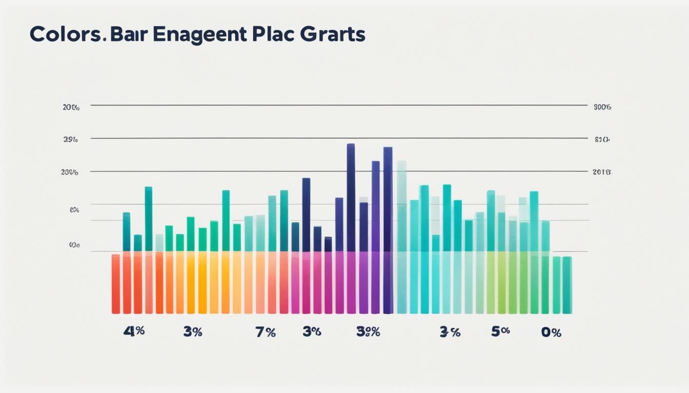 Create an image of a bar graph with varying heights, representing different engagement rates on Instagram. Use colors to differentiate the bars and add a small key or legend to explain the color code. Place the bars on a white background and ensure that the x and y-axes are labeled clearly with percentages and time frames respectively. Make sure the bars are evenly spaced and have equal widths.