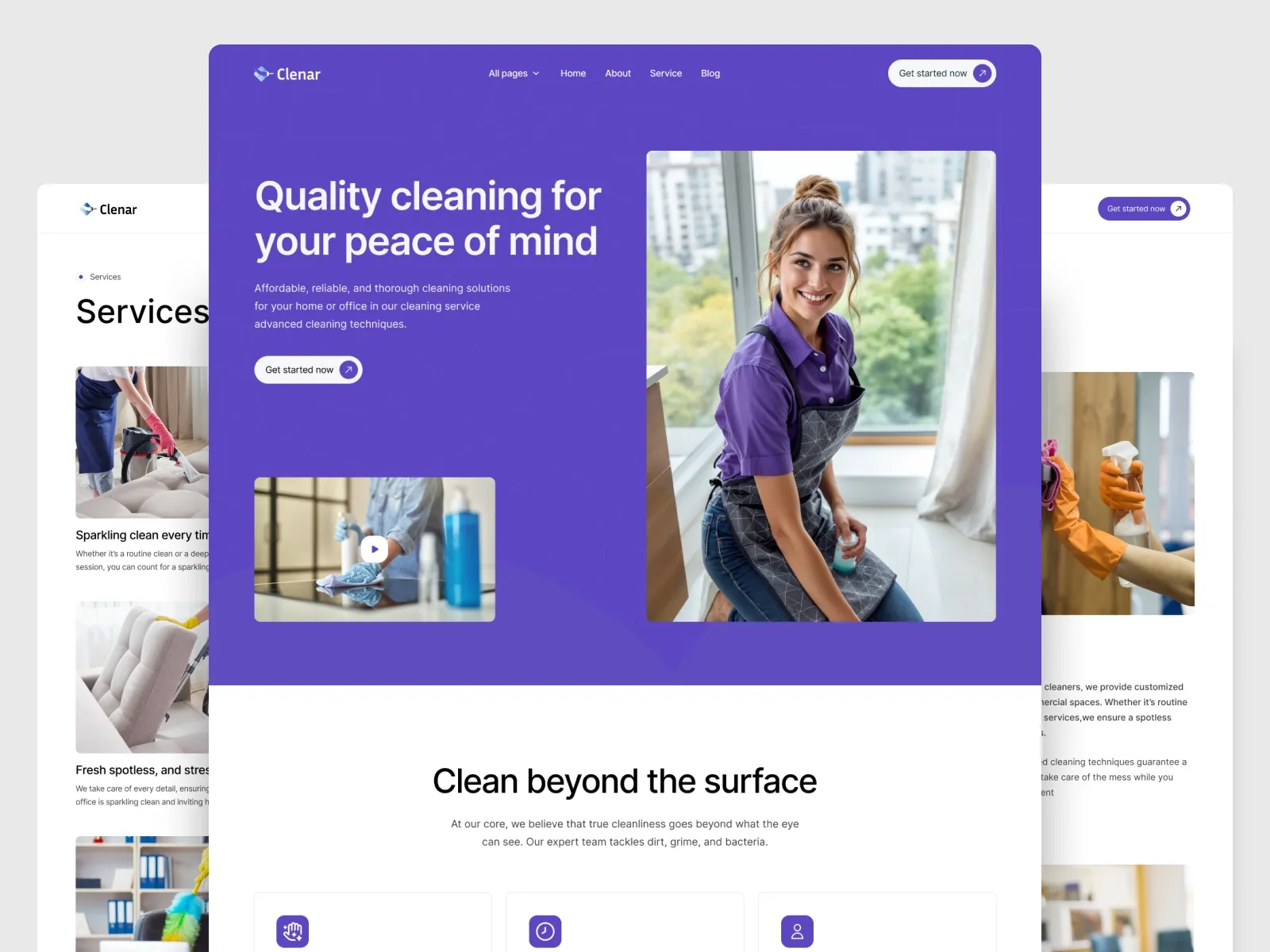 Clenar modern cleaning business template with purple theme, hero section, services page, and feature icons.