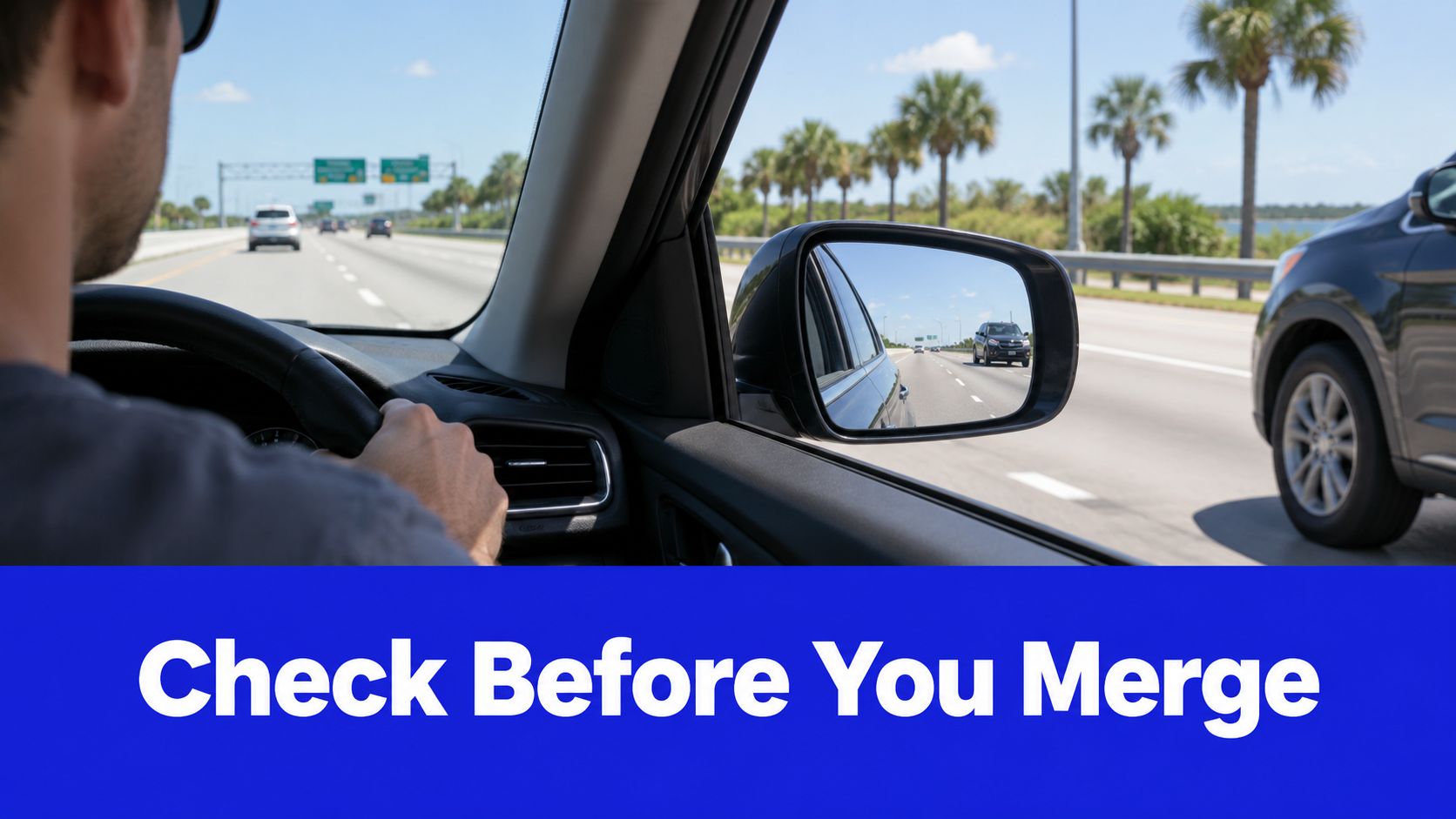 A driver looking at the side mirror before merging lanes on a sunny Florida highway road.
