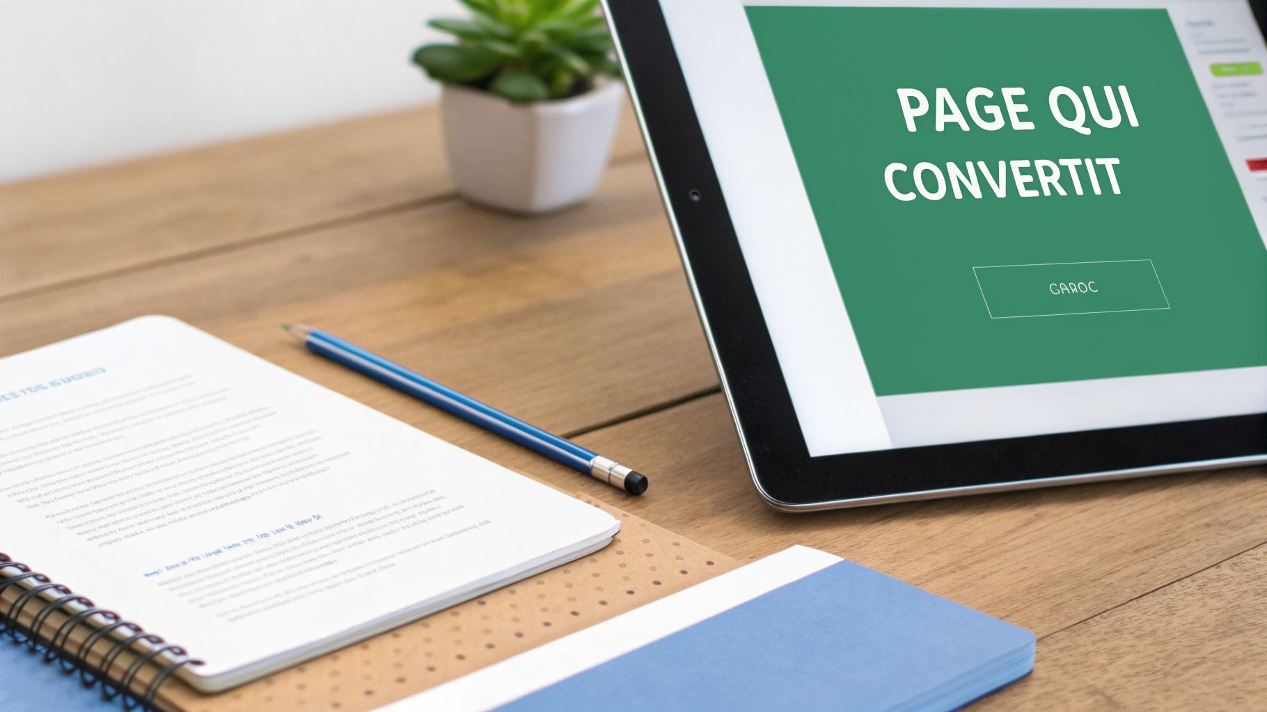 Tablette affichant 'PAGE QUI CONVERTIT' et un bouton 'GAROC', posée sur un bureau avec un cahier et un crayon.
