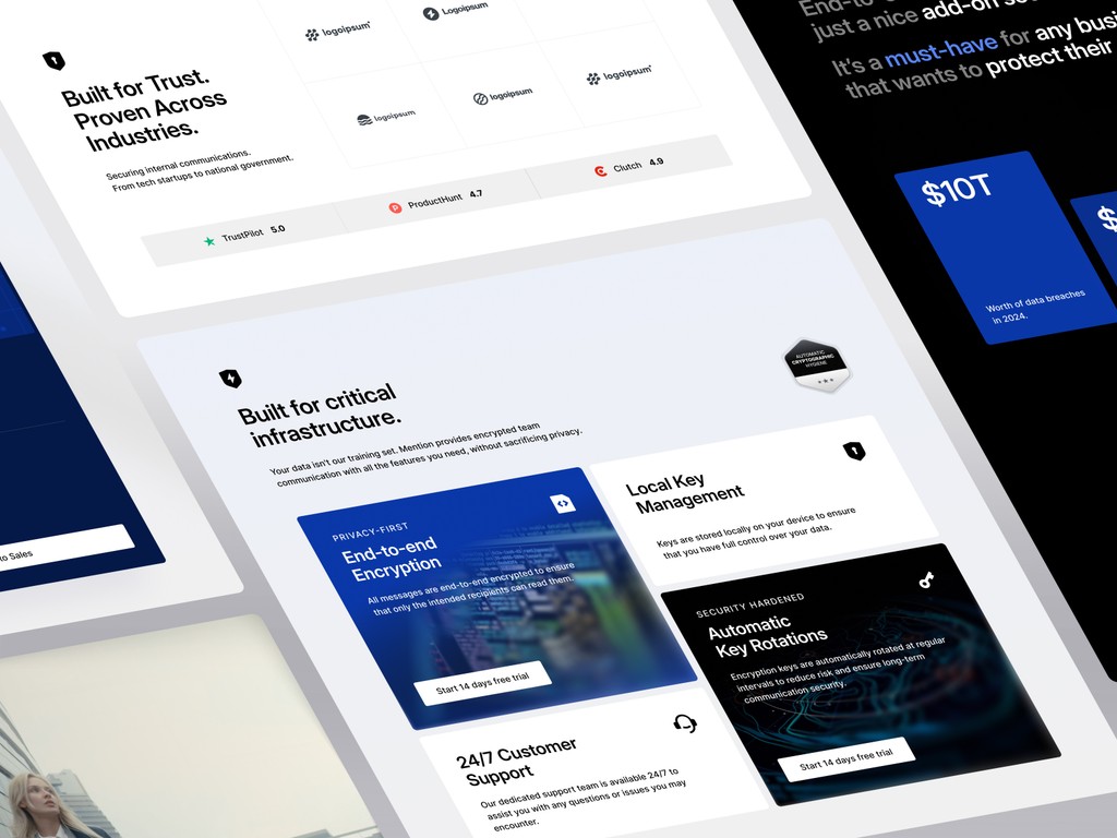 Angle view of Mention homepage on a tilted laptop screen with bold privacy messaging and encrypted chat preview