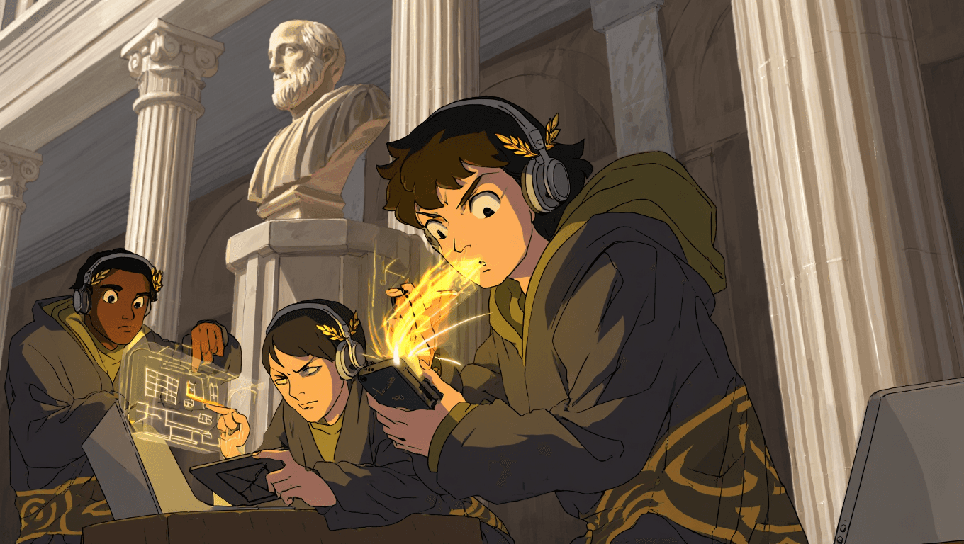 Happy students studying together with modern devices