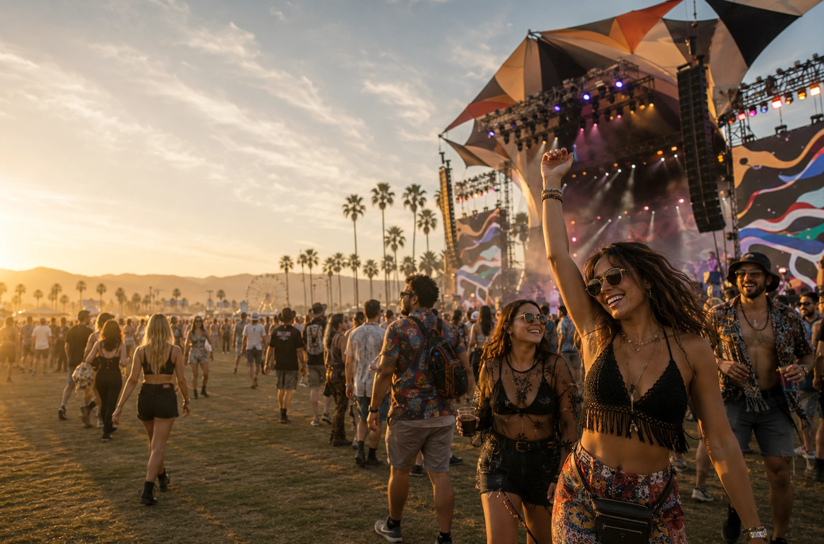 3 young festival goers enjoy the sunset at the music festival