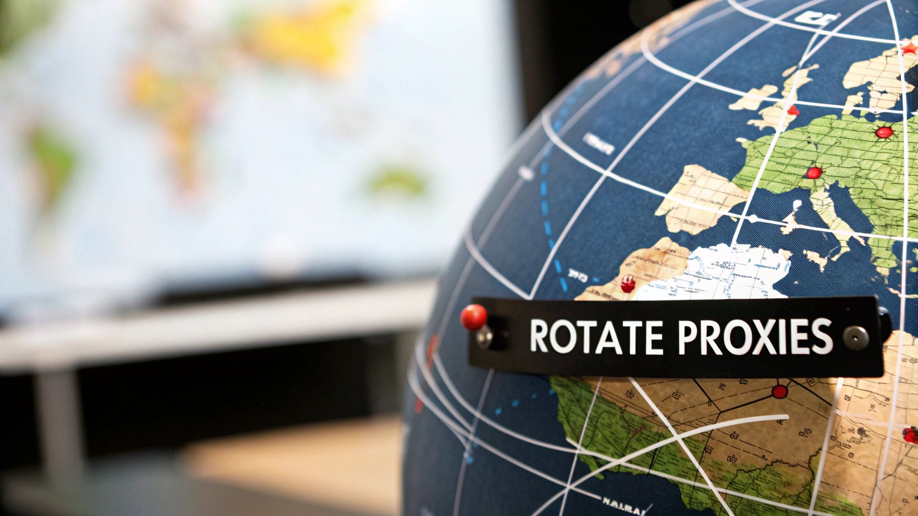 A close-up of a blue globe with a 'ROTATE PROXIES' label and red pins.