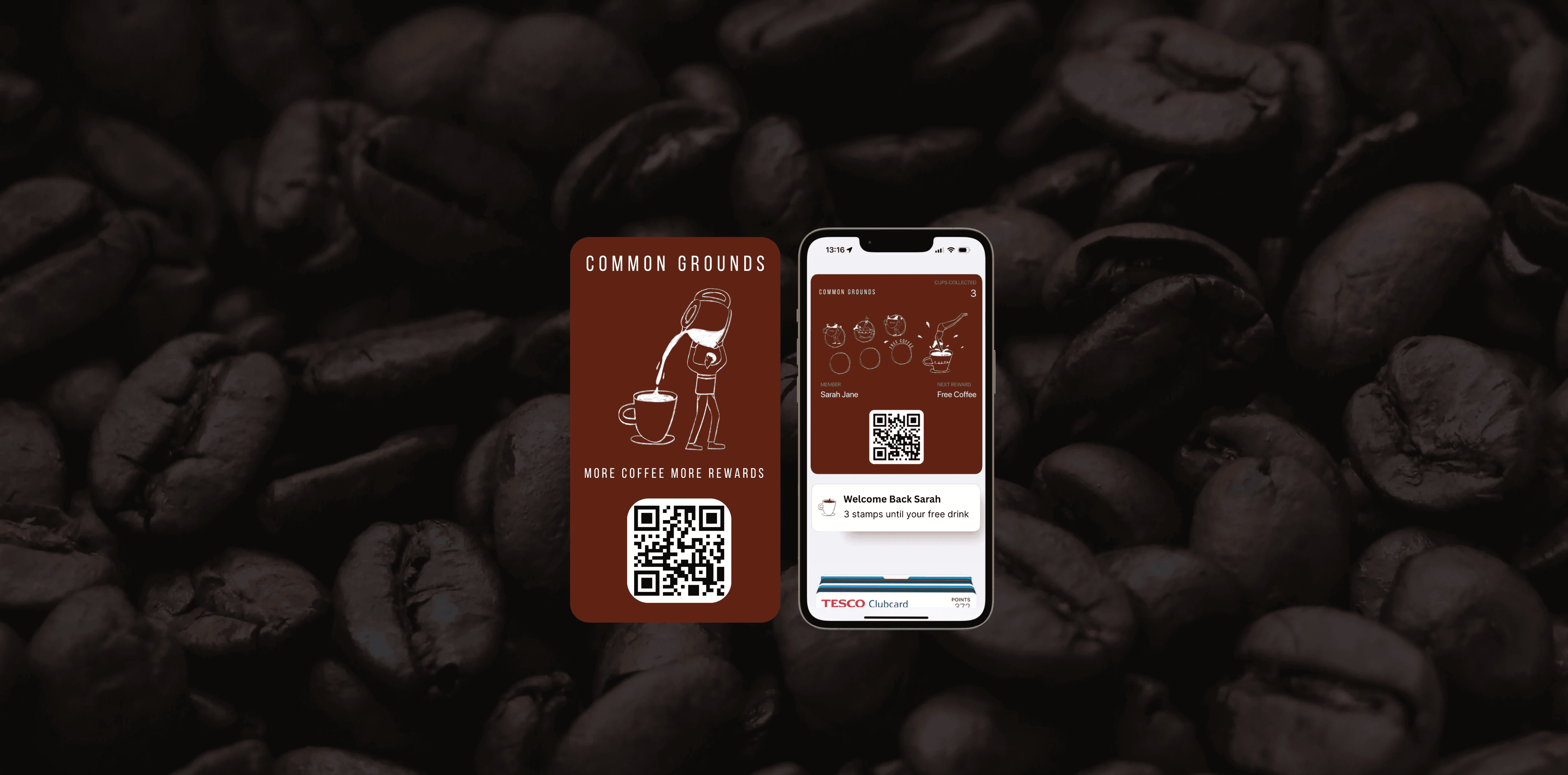 Customer using a personalised digital loyalty card in Apple Wallet inside a coffee shop with QR code rewards sign and latte on table.