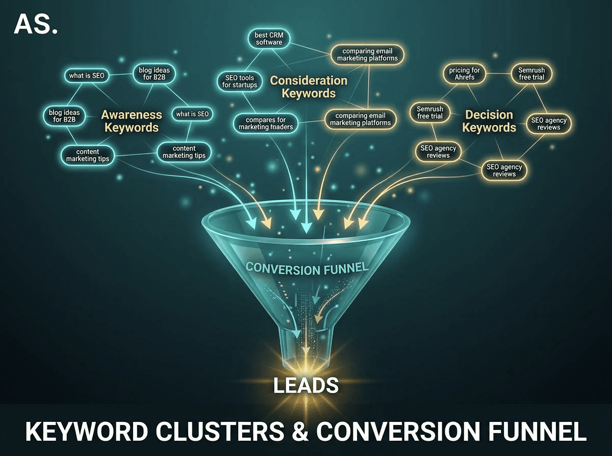 AI keyword research showing keyword clusters and conversion funnel for SEO