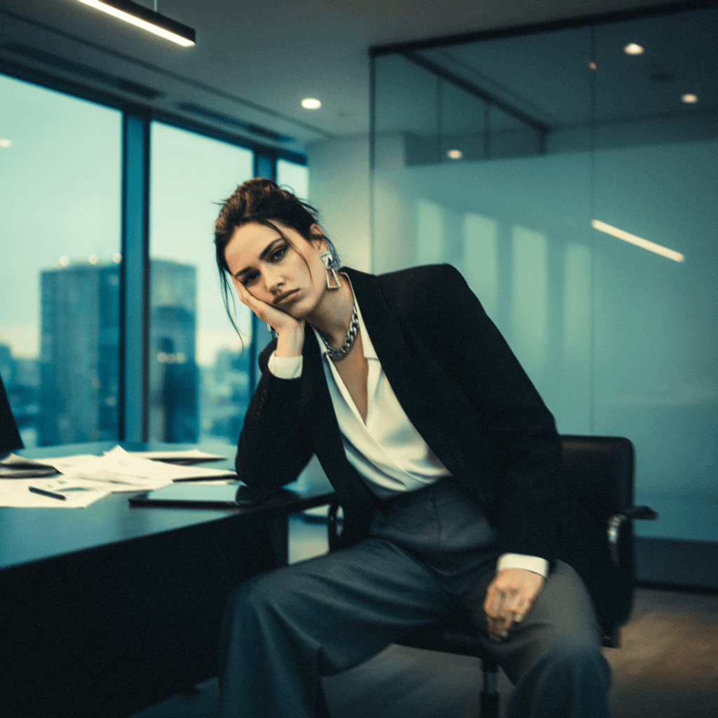 women in a suit sitting at a desk leaning on her hand with a bored expression