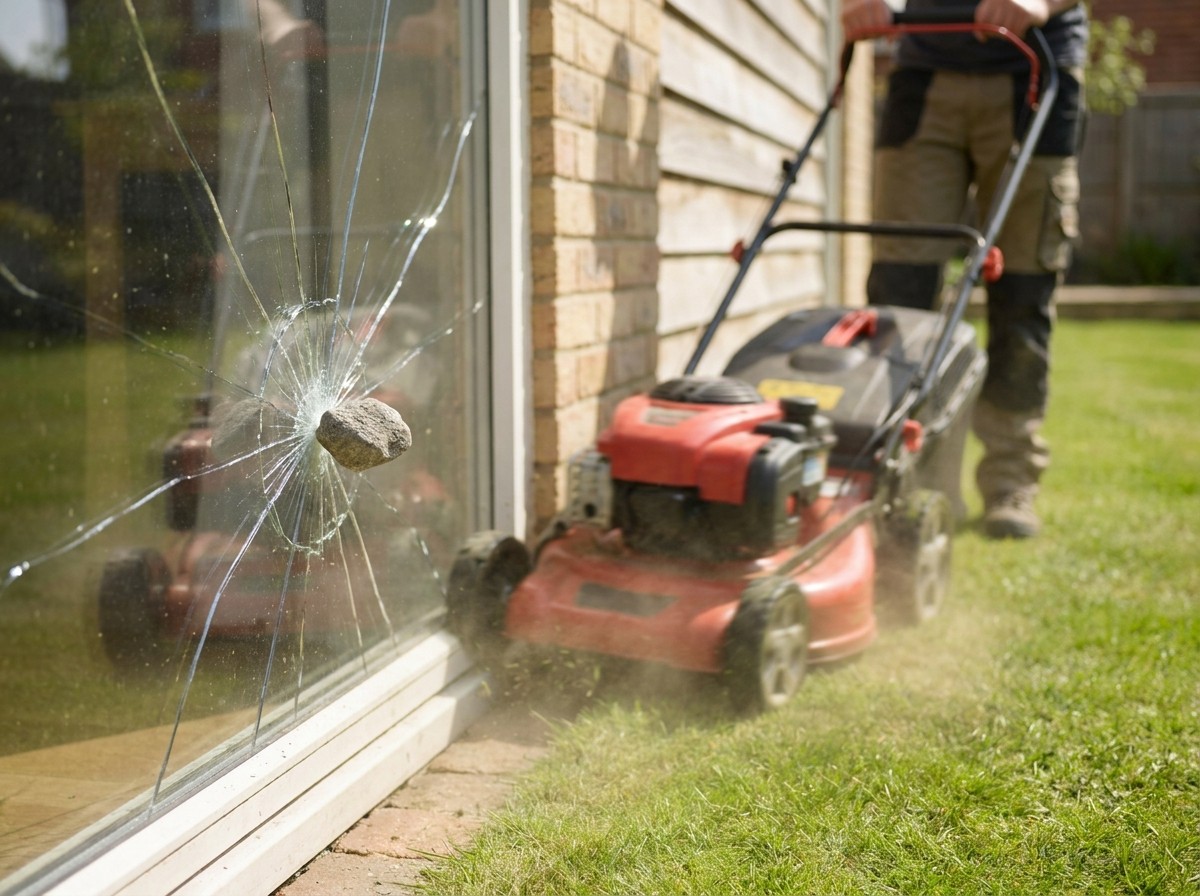 Steinschlag durch Rasenmäher verursacht sternförmigen Riss in Fensterscheibe