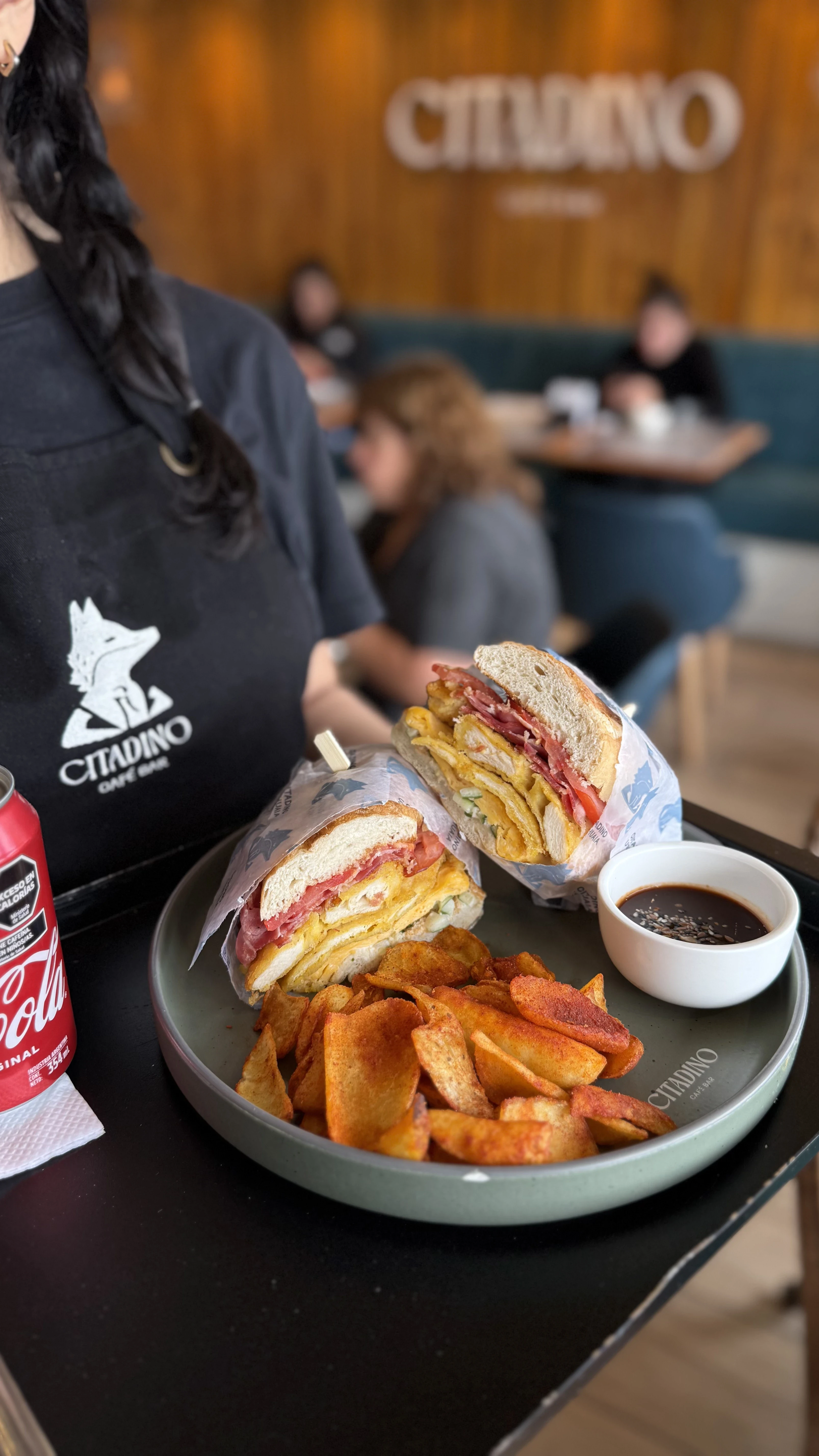 Sandwitch con dip , papas y gaseosa