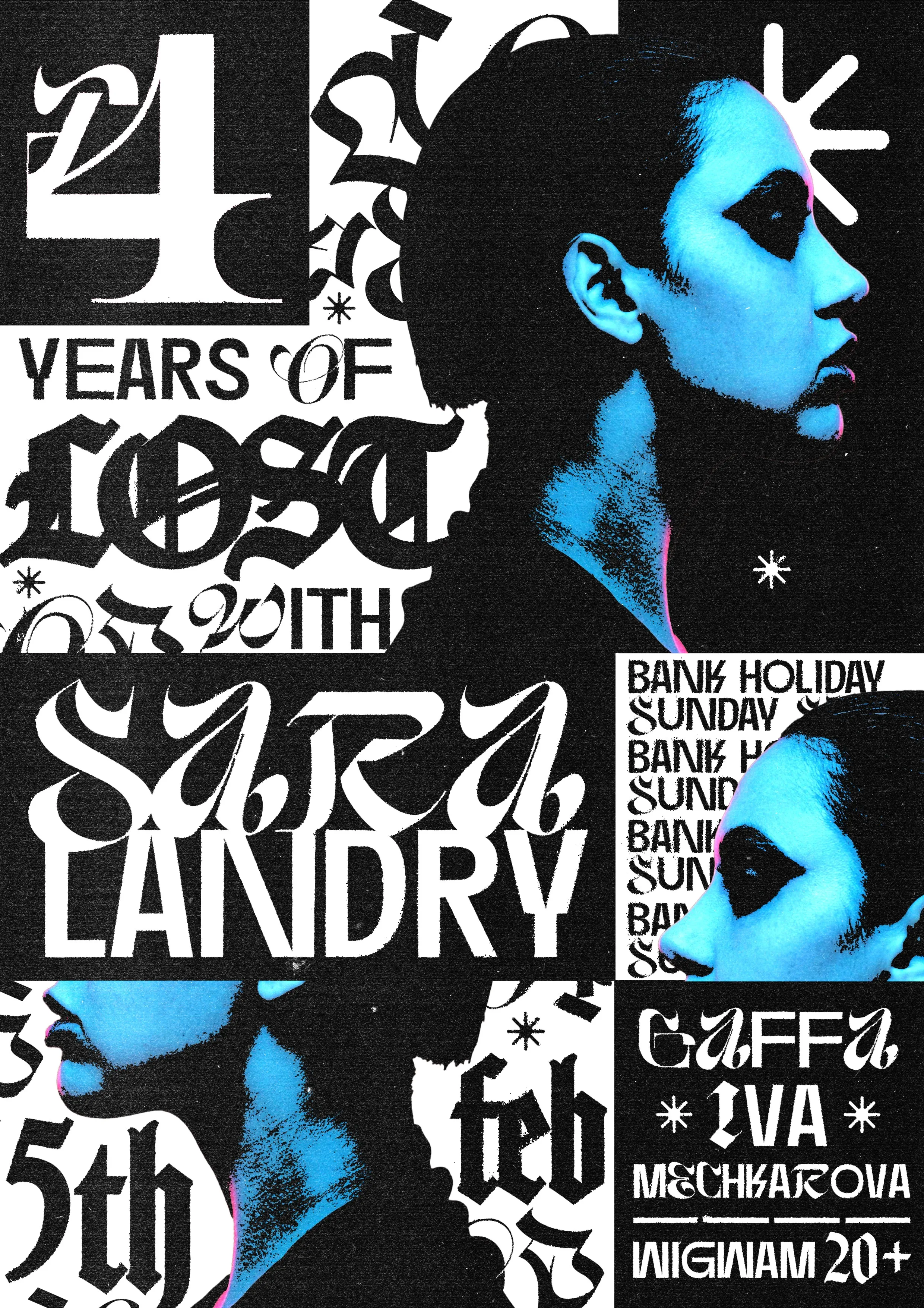 Black-and-white collage-style poster with bold fragmented typography and performer names.