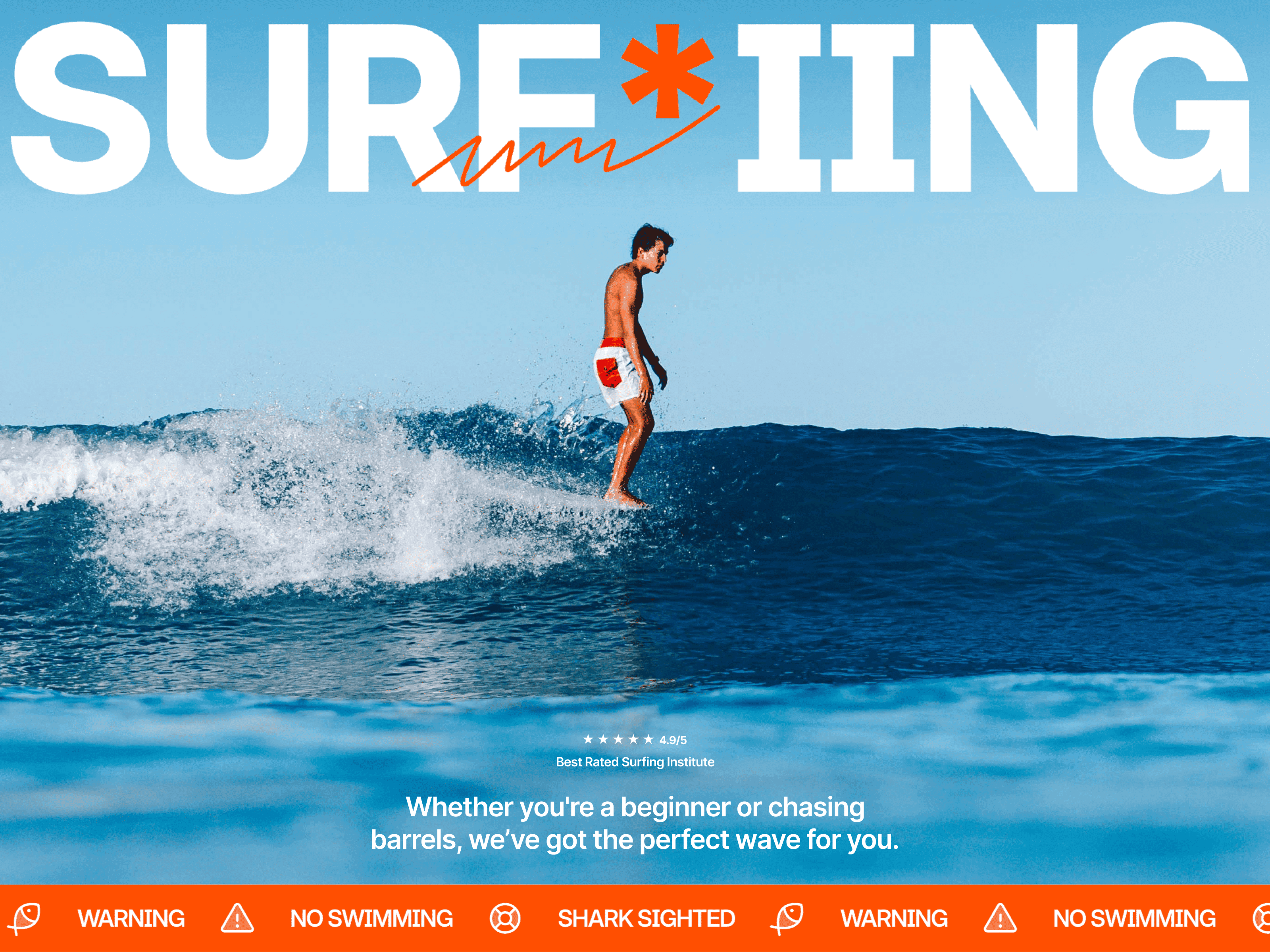 A website template thumbnail preview for Surfing, a free lifestyle and sports coaching Framer template. The layout showcases an active, immersive coastal design variant optimized for training schools, featuring structured class schedules, high-impact athletic imagery grids, geographical location blocks, and fully responsive mobile and desktop screen mockups.