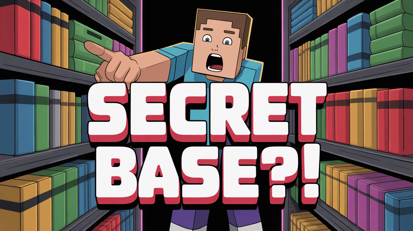 Shocked Minecraft player pointing at glowing hidden bookshelf door with SECRET BASE text and neon arrows