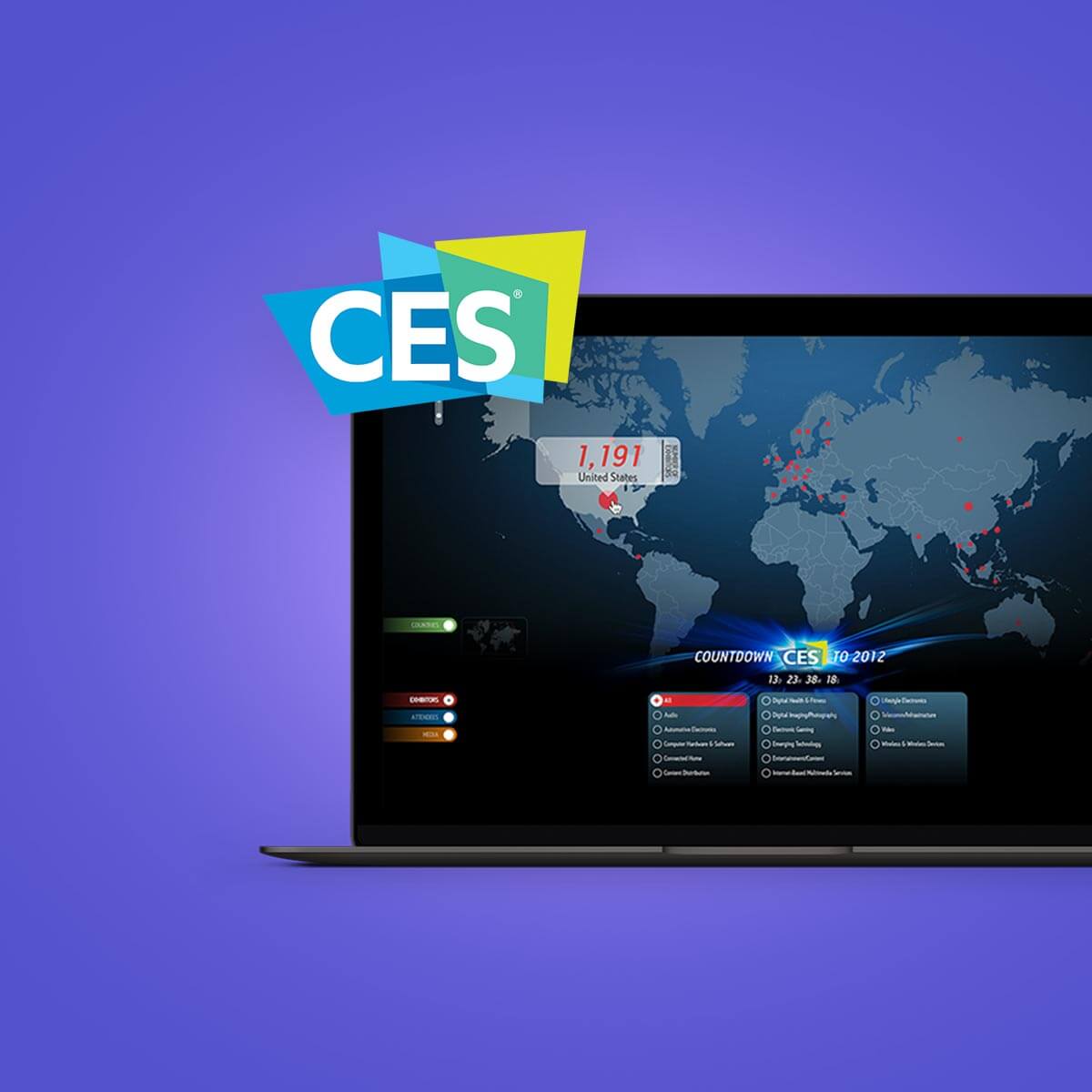 A laptop displays a digital world map with data points, alongside the CES logo on a blue-purple gradient background.