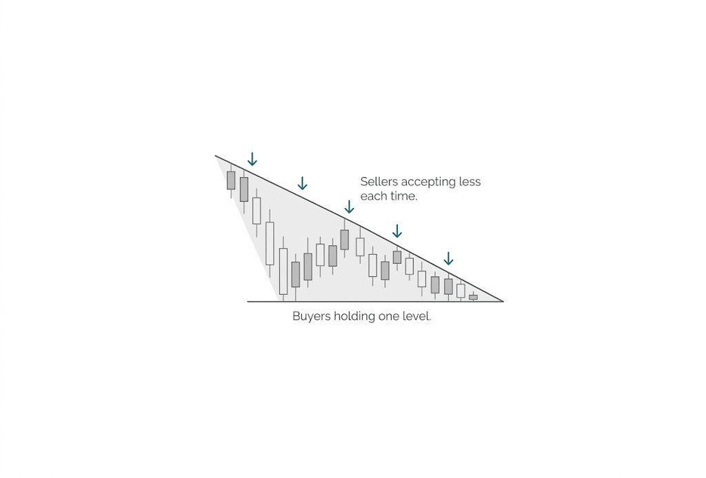 Descending triangle pattern showing sellers stepping in earlier each time while buyers are holding one level.