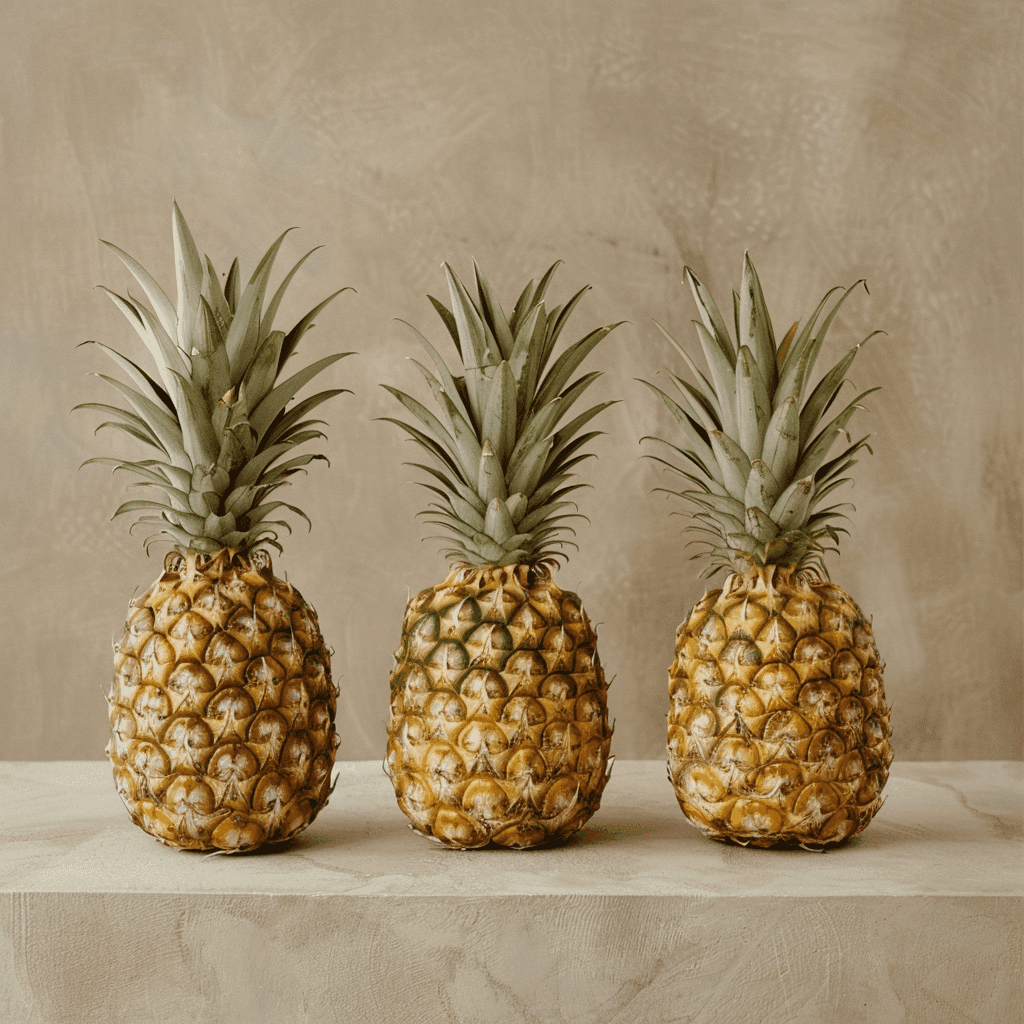Three pineapples next to each other, standing upright on a beige marble countertop and against a beige painted wall