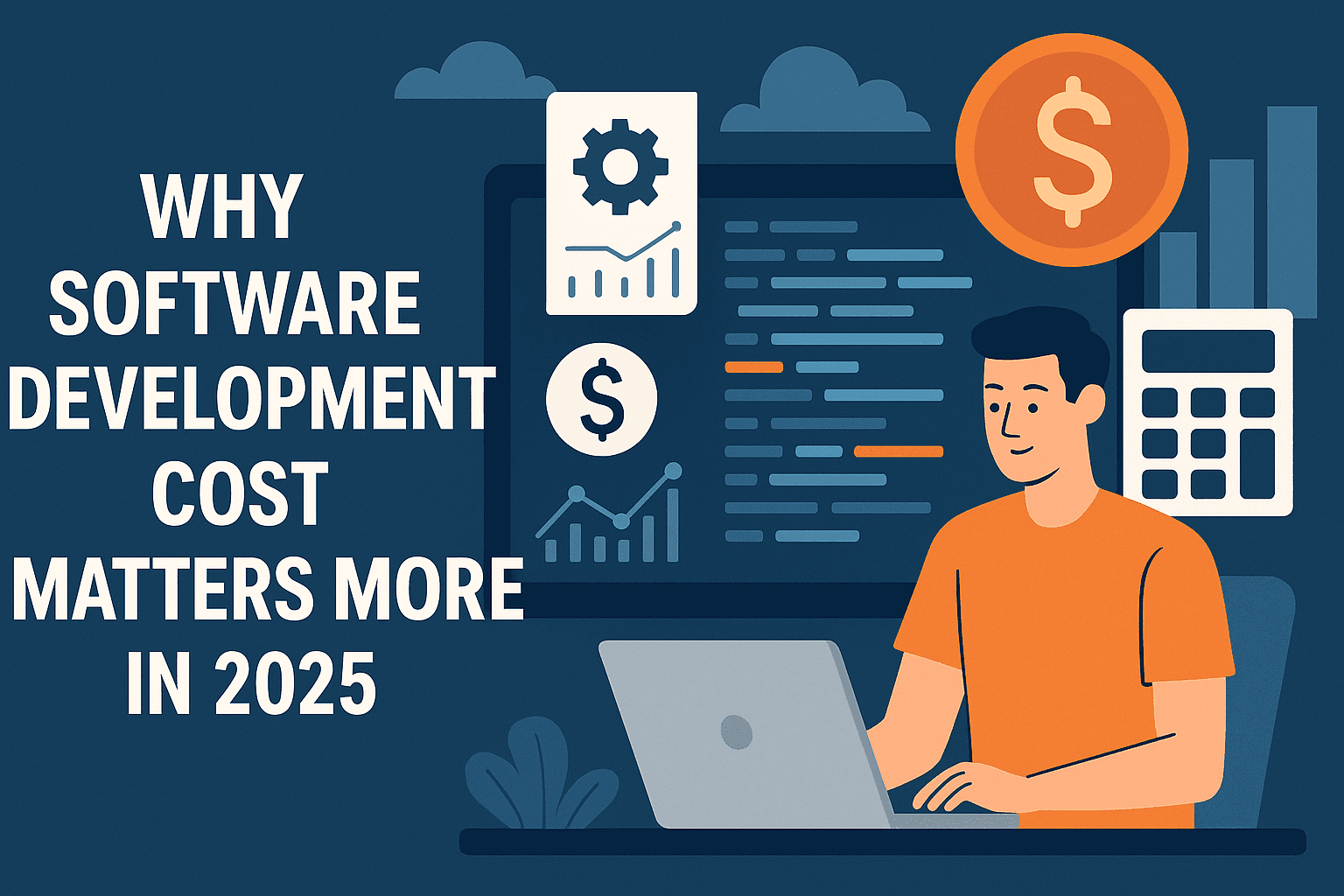 Image with blue baground and a person sitting with laptop showing why 