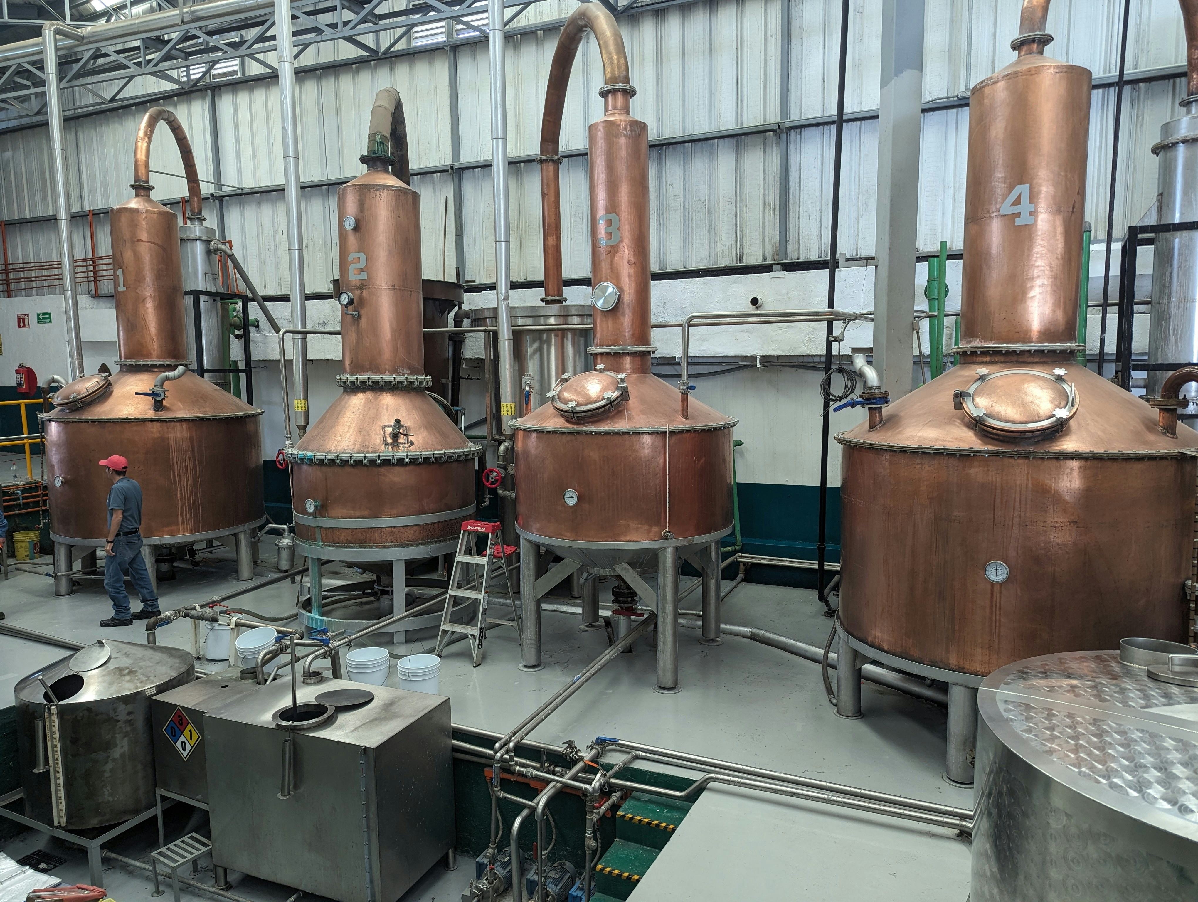 Copper stills in a row on the distillery floor